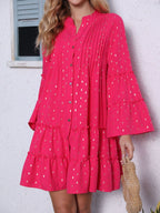 Hot Stamping Crimp  Flare Sleeve Buttons Mini&Short Dresses