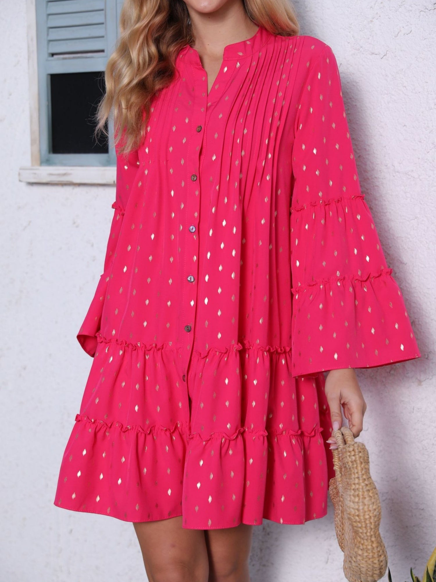 Hot Stamping Crimp  Flare Sleeve Buttons Mini&Short Dresses