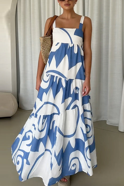 Backless Ruffle Tiered Printed Maxi Cami Dress