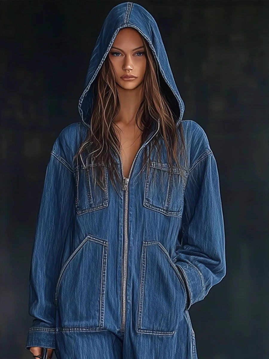 Style Zip-up Hooded Denim Jumpsuit With Large Pockets