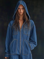 Style Zip-up Hooded Denim Jumpsuit With Large Pockets