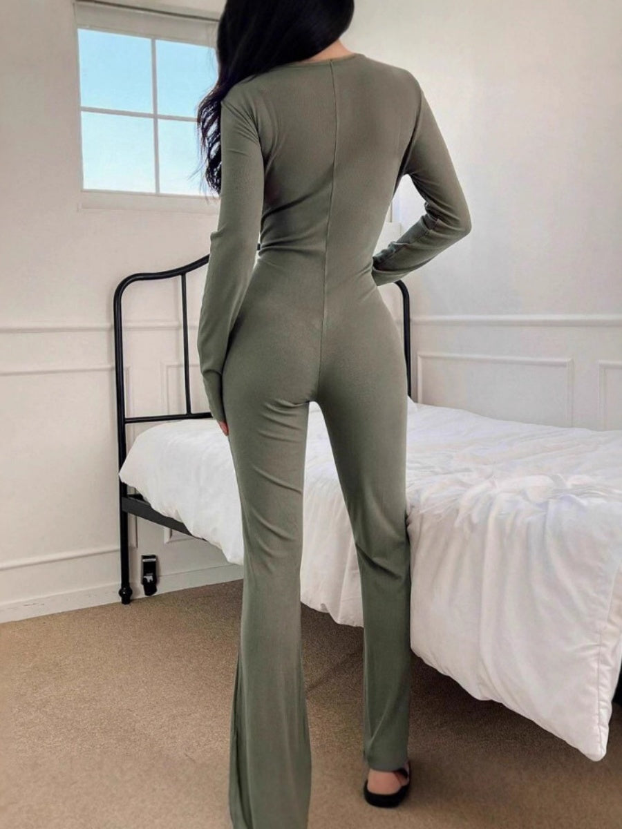 Polo Collar Knitting Long Sleeve Buttock Lift Jumpsuits