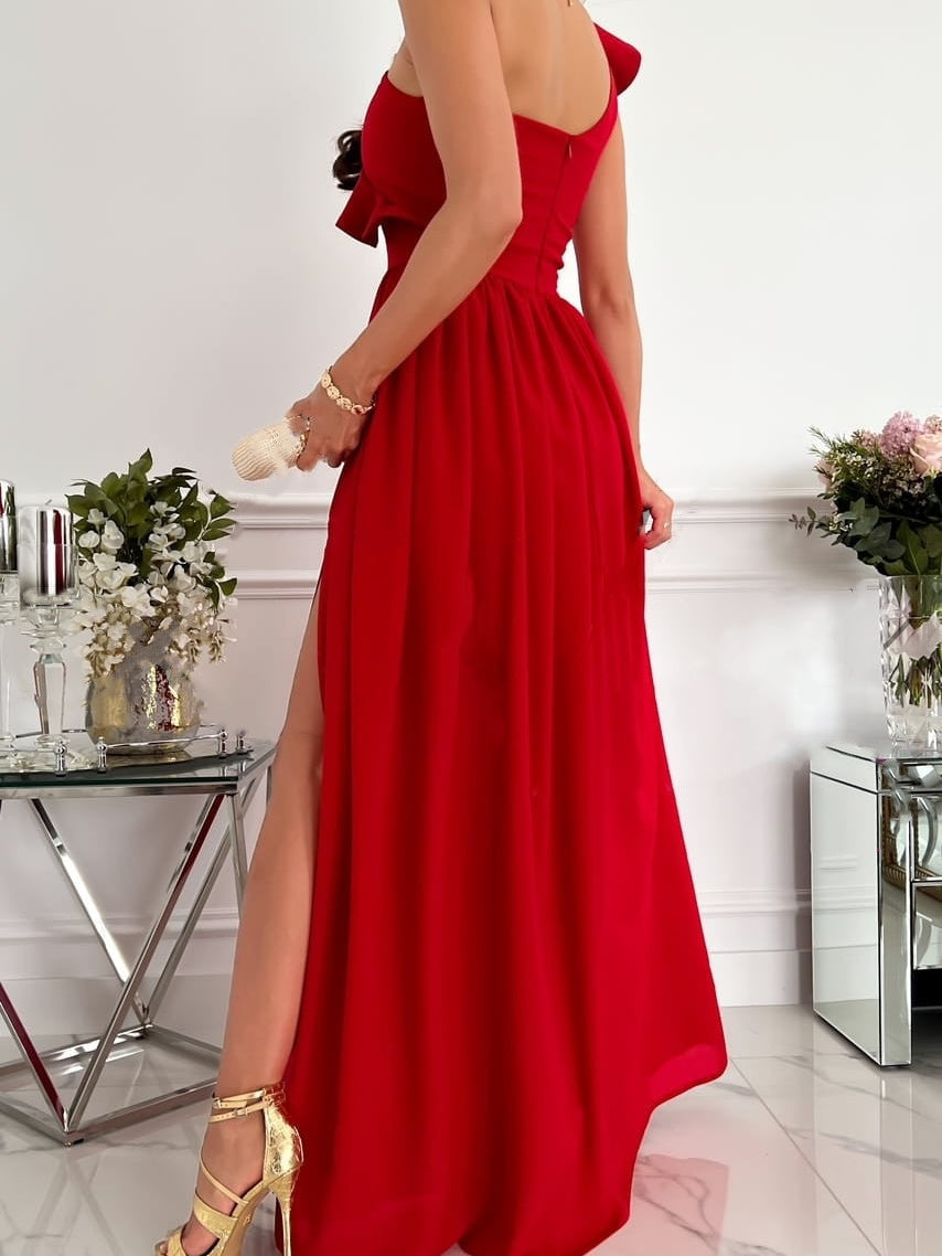 Sleeveless Long Dress With Ruffled Hem And Slit