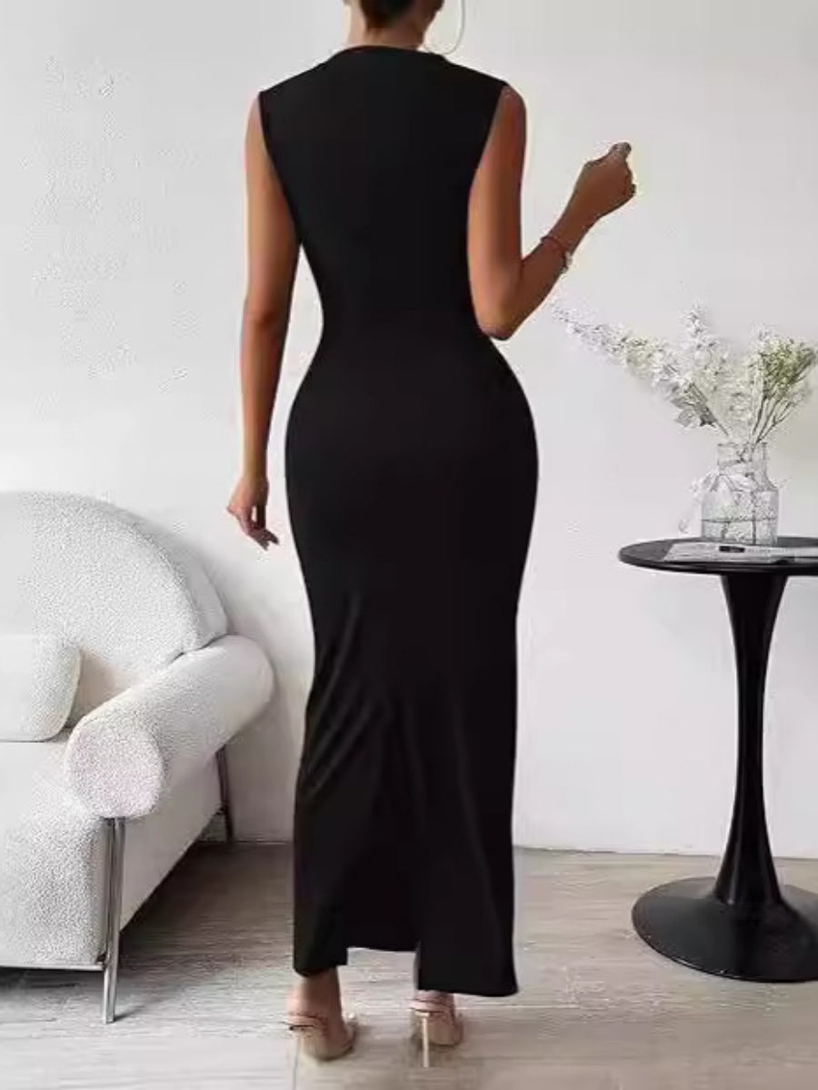 Solid Color Sleeveless Pleated Slim Fit Innerwear Maxi Dresses