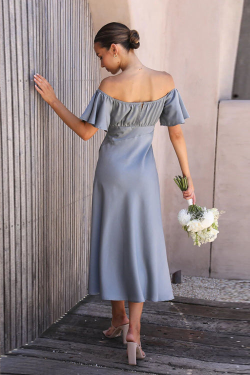 Satin Sweetheart Flutter Sleeve Ruched Bust High Slit Midi Dress