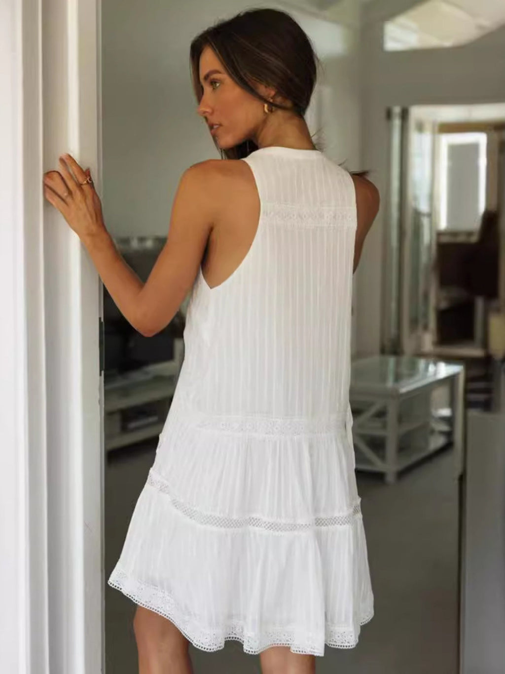 Lace Patchwork Stand-up Collar Buttons Large Skirt Mini&Short Dresses
