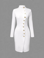 Long Sleeve Stand Collar Slim Fit Metal Single-breasted Buckle With Vents Midi Dresses