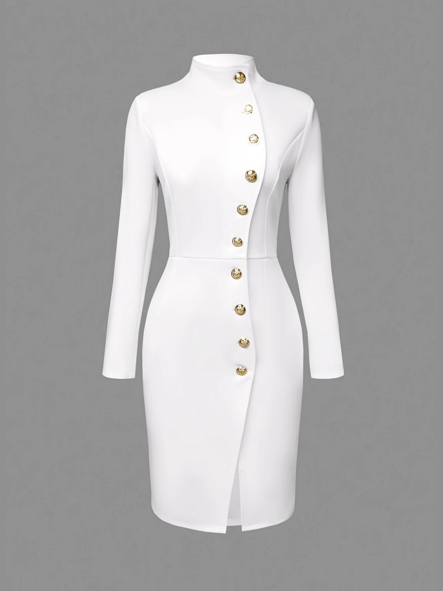 Long Sleeve Stand Collar Slim Fit Metal Single-breasted Buckle With Vents Midi Dresses