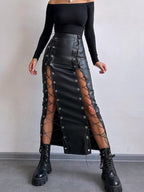 PU Leather Lace Up Slit Bodycon Skirt