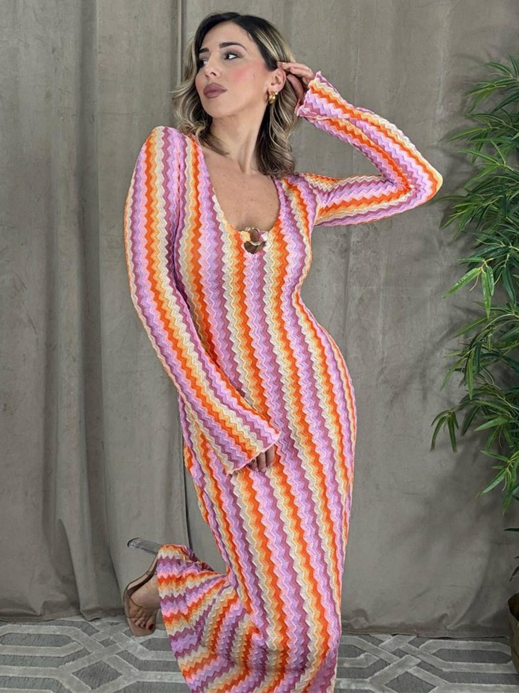 Striped Color Blocking V-neck Long Sleeve Maxi Dresses