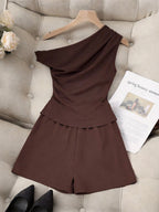 Brown Asymmetrical Off-shoulder Pleated Sleeveless Top And Shorts Two-piece Set