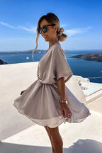 Satin Wrap Front Twist Waist Flutter Sleeve Ruffle Hem Mini Dress