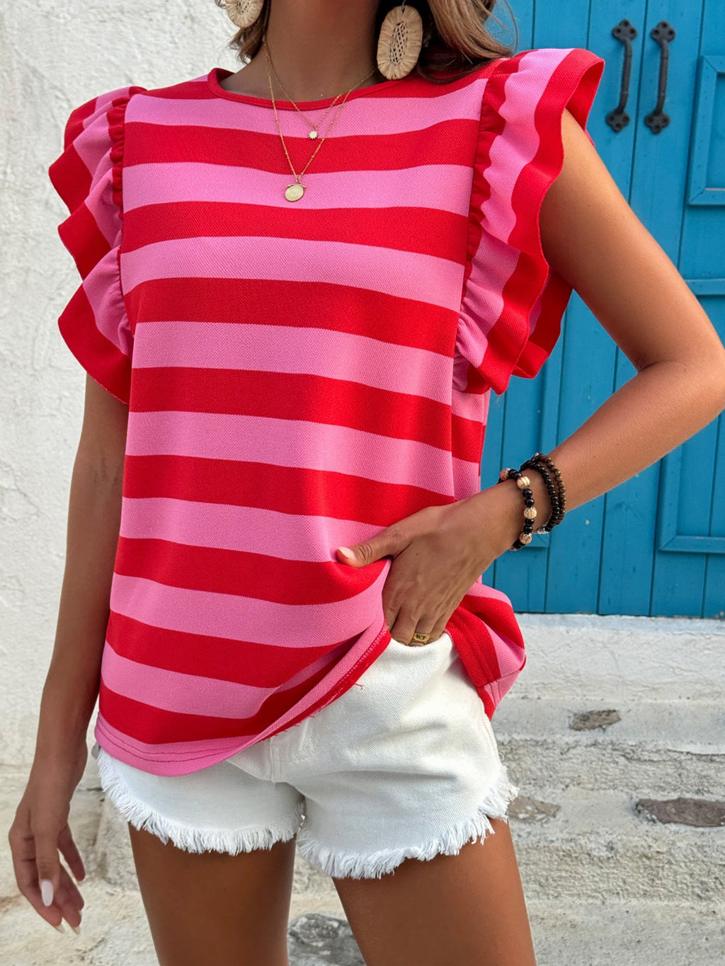Stripes Color Matching Crew Neck T-shirts