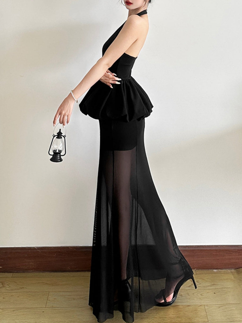 Mesh Splicing Perspective Neckband Ruffle Maxi Dresses