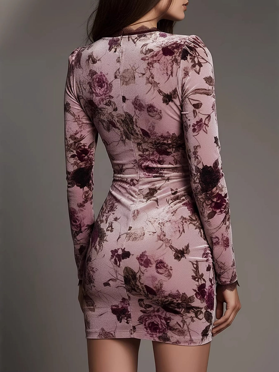 Lace Printed Long Sleeve V-neck Hip-hugging Mini&Short Dresses