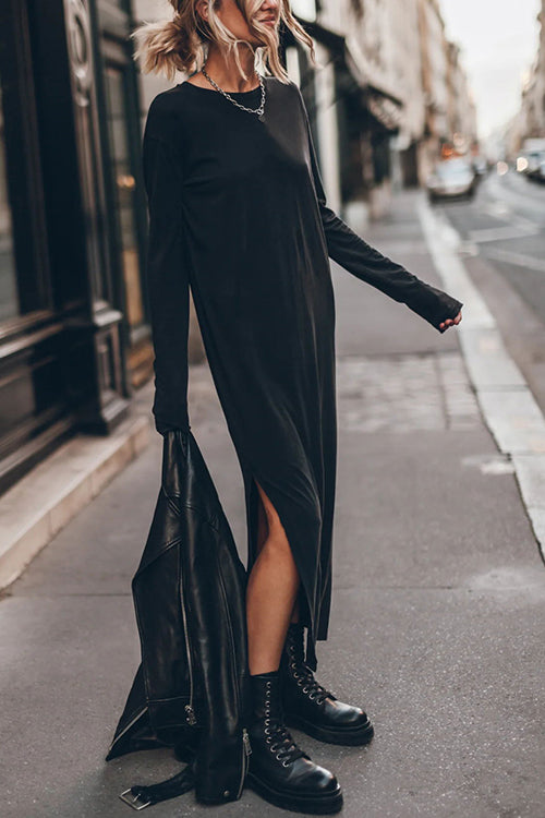 Knit Crew Neck Long Sleeve Relaxed Side Split Midi Dress