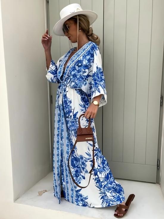 V-neck Short-sleeved Printed Maxi Dress