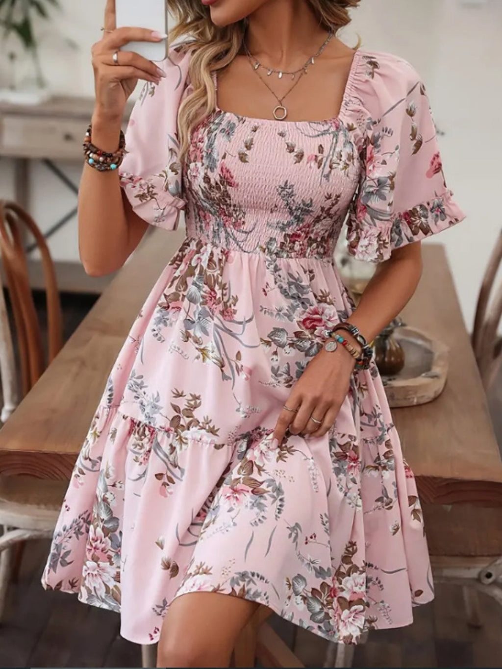 Printed Pleated Square Neck Short Sleeve Mini&Short Dresses