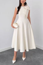 Crewneck Sleeveless Bow Shoulder Swing Midi Dress
