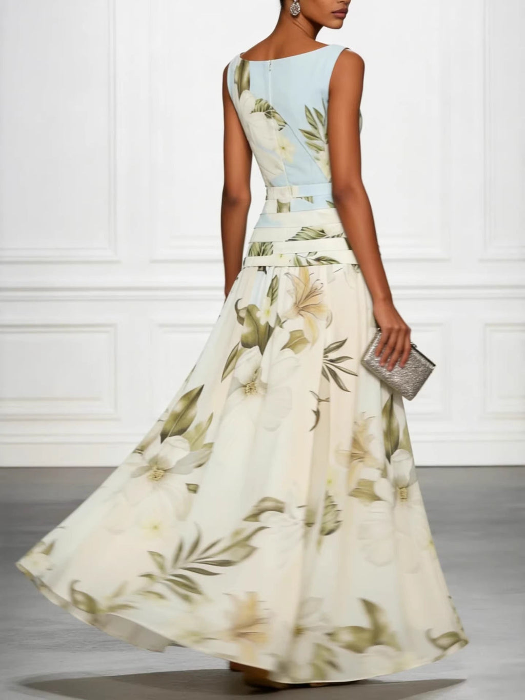 V-neck Retro Floral Print Sleeveless Backless Fitted Waist Long Dress