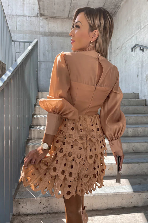 Eyelet Lace Puff Sleeve Wrap V-Neck Tiered Mini Dress