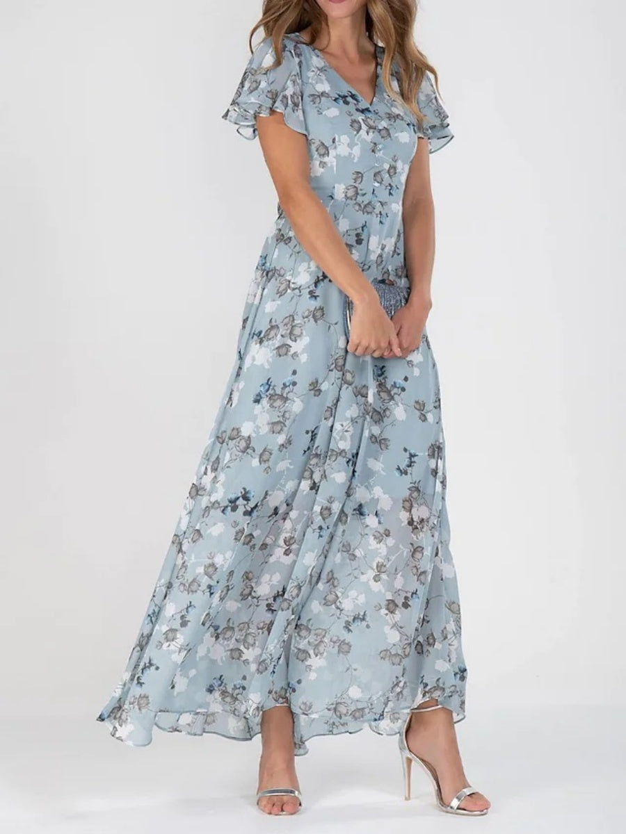 Chiffon Floral Print Short-sleeved Ruffled V-neck Long Dress