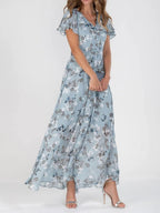 Chiffon Floral Print Short-sleeved Ruffled V-neck Long Dress