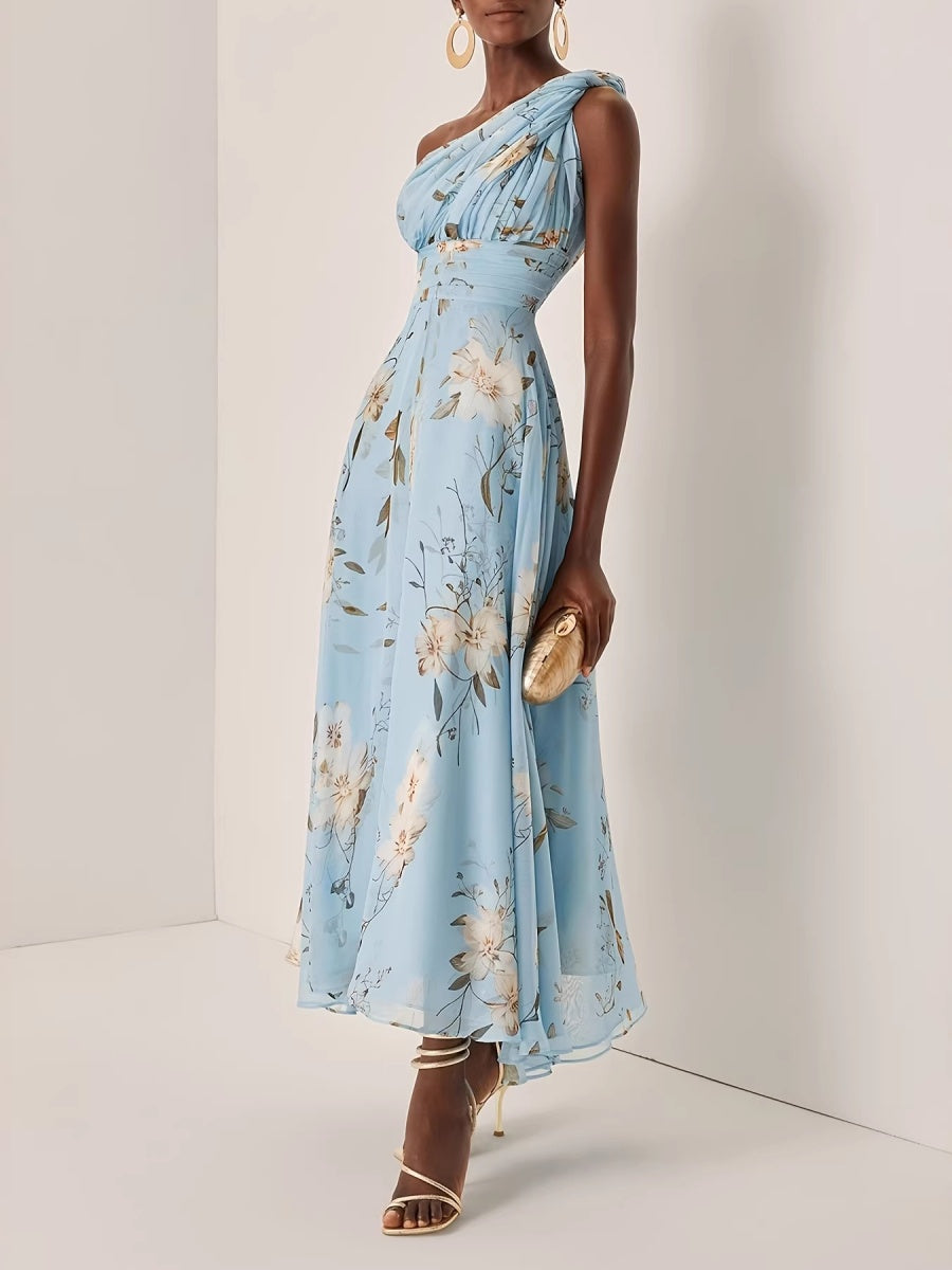 One Shoulder Grace Floral Print Chiffon Vacation Reunion Maxi Dresses