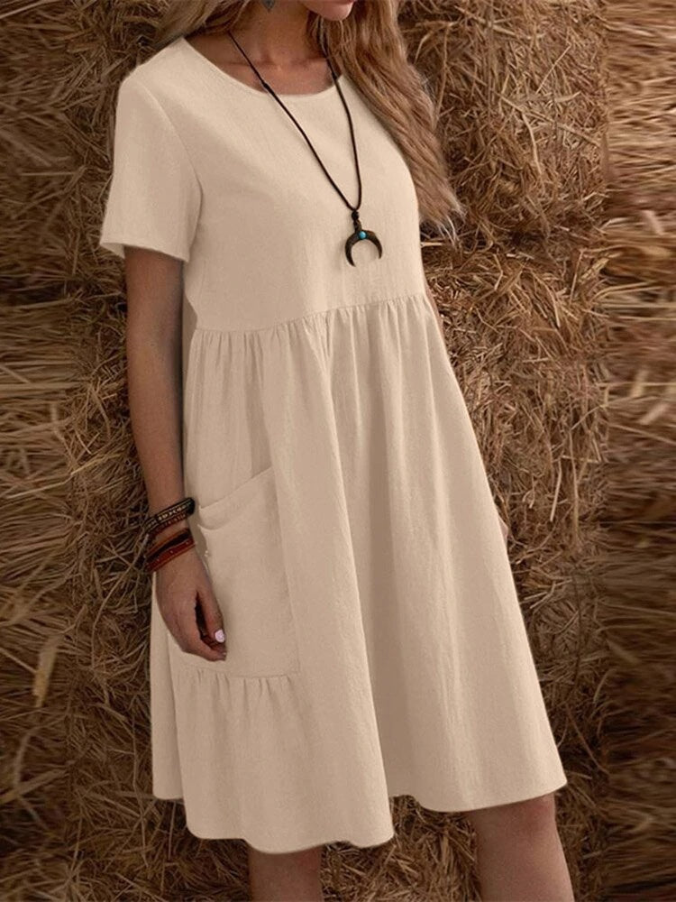 Retro Loose-fitting Pocket Solid Color Round Neck Cotton Linen Short Dress