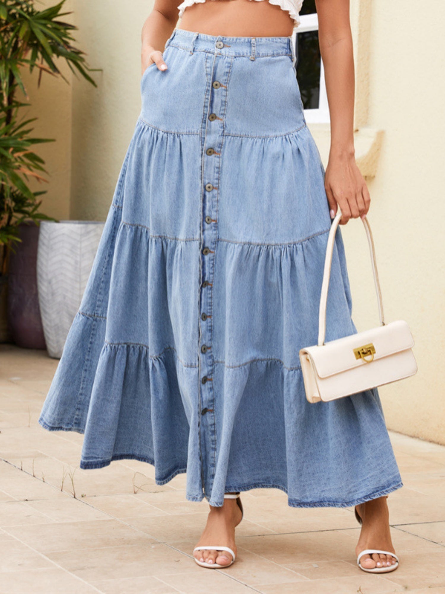 Denim Buttons Pocket Layering Skirts