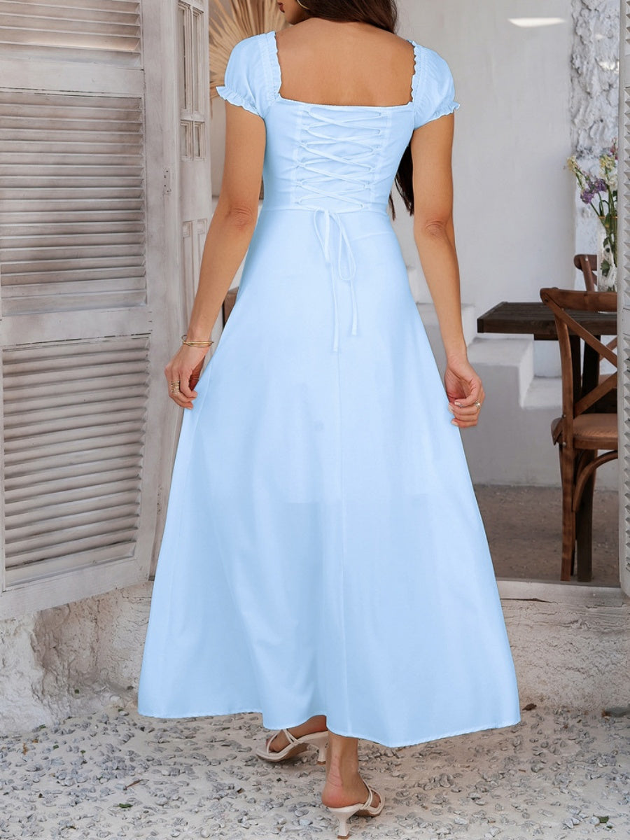 Tie-waist Ruched Puff Sleeve Long Dress
