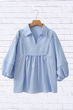 Striped Notched 3/4 Sleeve Blouse