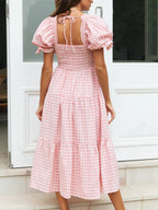 Plaid Puff Sleeve U-neck Mini&Short Dresses