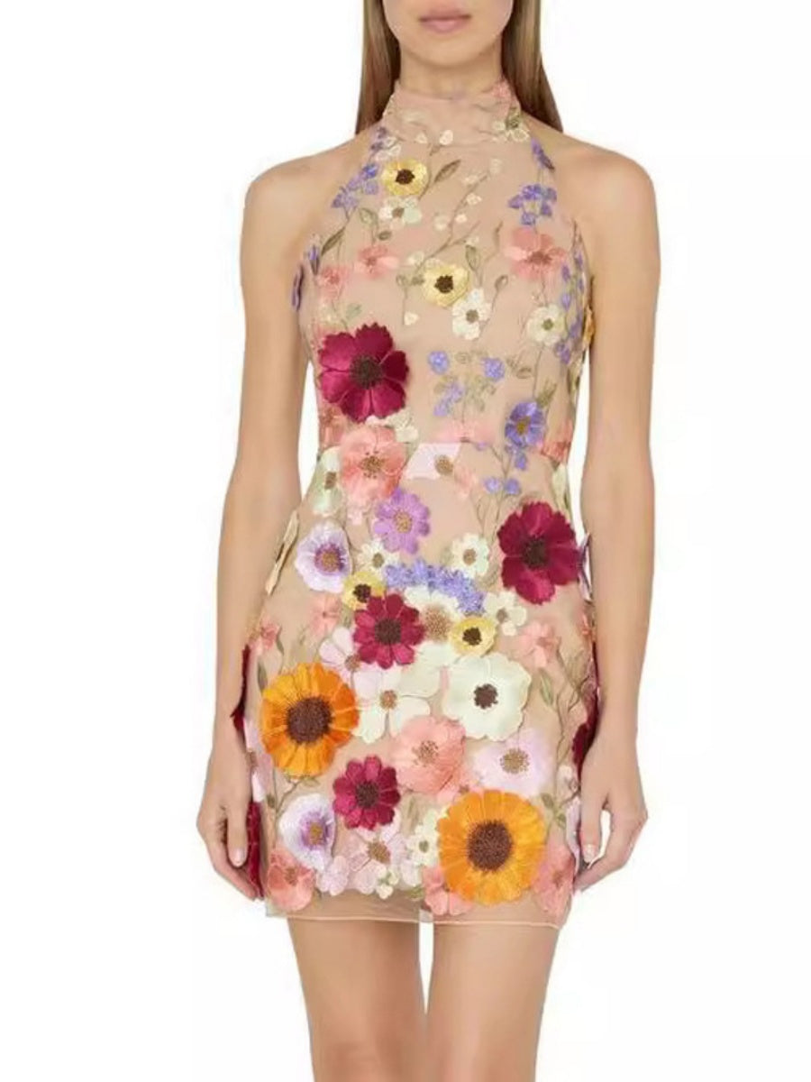 Embroidered 3D Floral Halter Neck Slimming Mini&Short Dresses