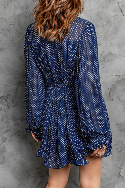 Pleated Deep V-Neck Button Front Tie Waist Lantern Sleeve Mini Dress