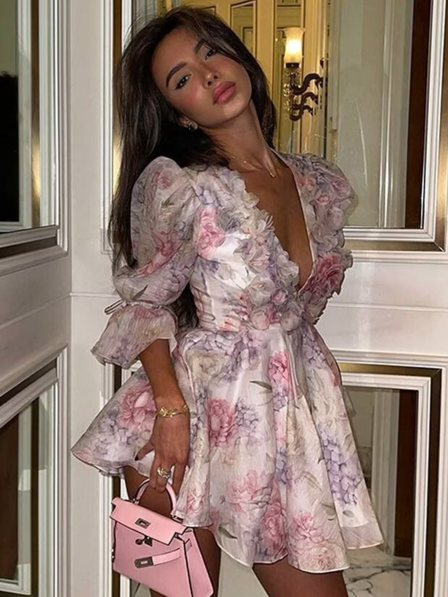 Floral Print Chiffon Puff Sleeve V-neck Mini&Short Dresses
