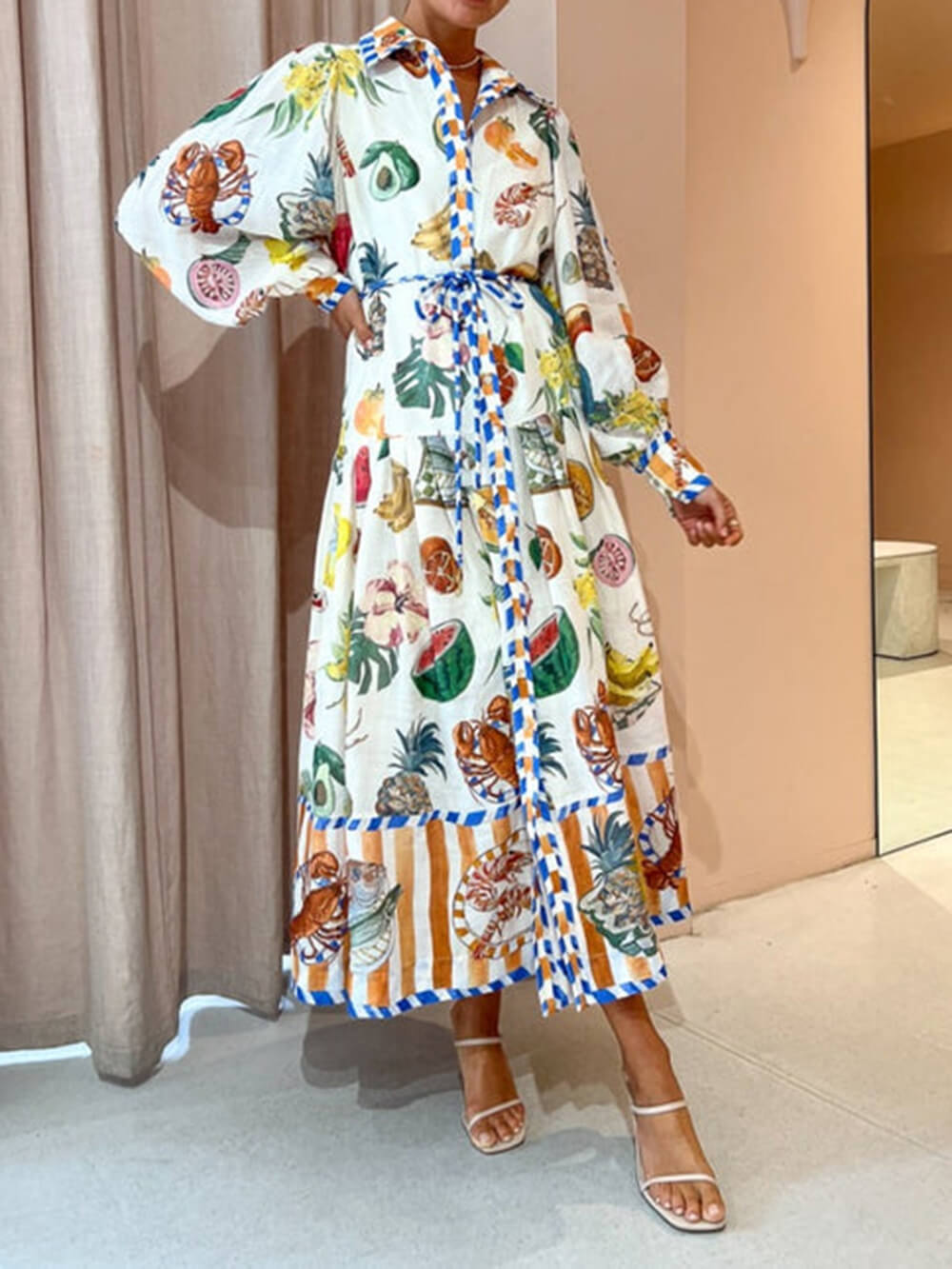 Tropical Fruit Seafood Print Collared Lantern Sleeve Tie Waist Maxi Shirt Dress