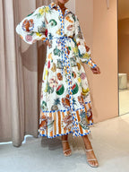 Tropical Fruit Seafood Print Collared Lantern Sleeve Tie Waist Maxi Shirt Dress