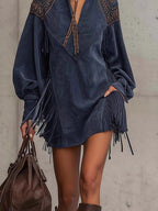 V-neck Long-sleeved Tassel Embroidered Tie-waist Short Dress