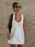 Pure Cotton U-neck Loose-fit Sleeveless A Mini&Short Dresses