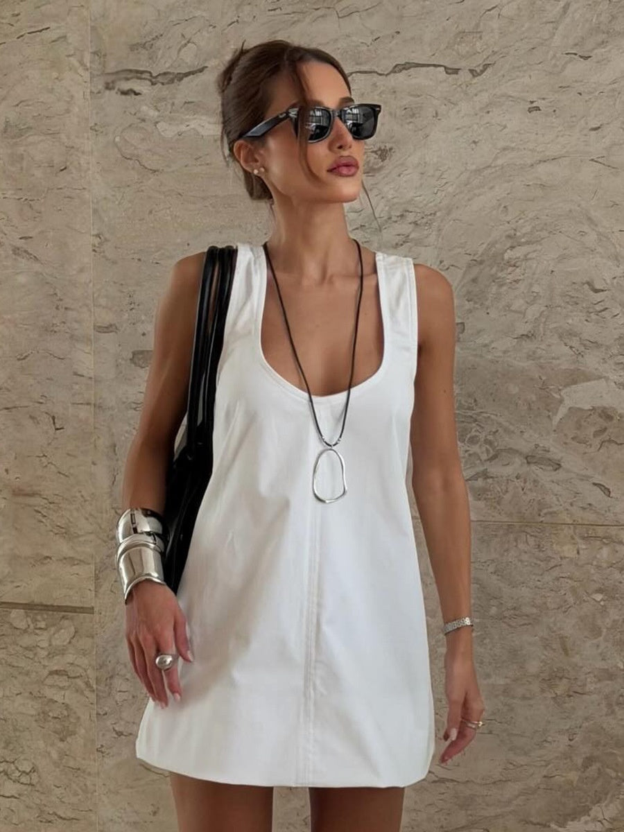 Pure Cotton U-neck Loose-fit Sleeveless A Mini&Short Dresses