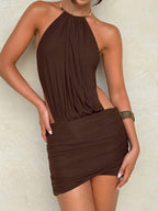 Metal Ring Halter-neck Sleeveless Backless Splicing Hip Wrap Mini&Short Dresses