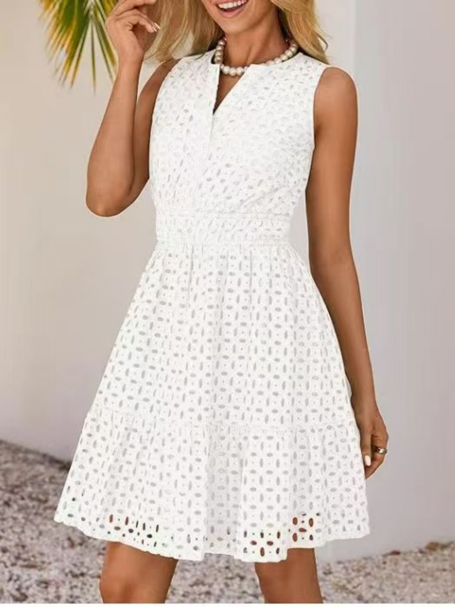 Hollow Holes V-neck Sleeveless A-line Skirt Mini&Short Dresses