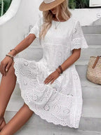 Hollow Out Embroidered Lace Crew Neck Short Sleeve Mini&Short Dresses