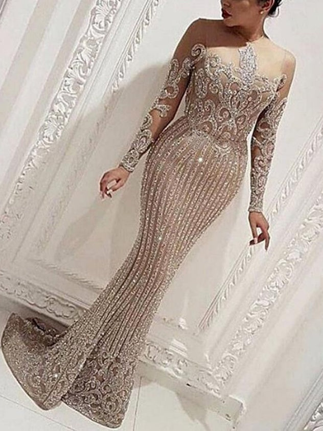 Mid-waisted, Elegant, Sequined, Gold-flecked, Fitted Long Dress For Commuting.