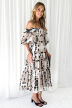 Botanical Floral Print Off Shoulder Smocked Puff Sleeve Tiered Midi Dress