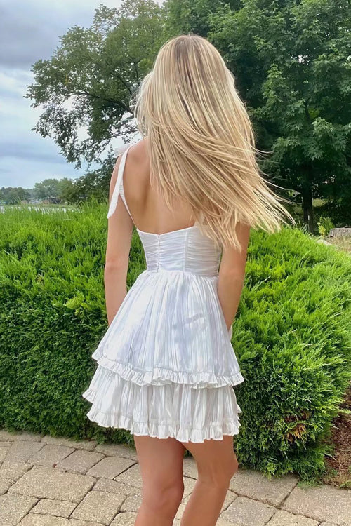 Bustier Sweetheart Tie Shoulder Button Front Tiered Ruffle Mini Dress