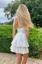 Bustier Sweetheart Tie Shoulder Button Front Tiered Ruffle Mini Dress