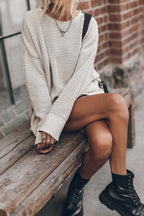 Waffle Knit Crew Neck Long Sleeve Side Slit Sweater Mini Dress