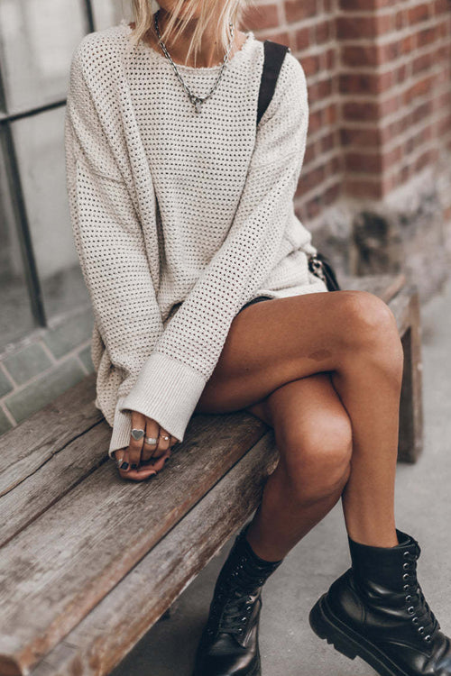 Waffle Knit Crew Neck Long Sleeve Side Slit Sweater Mini Dress